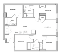 D5 - 4x3 Standard Bedroom Shared Bathroom floor plan